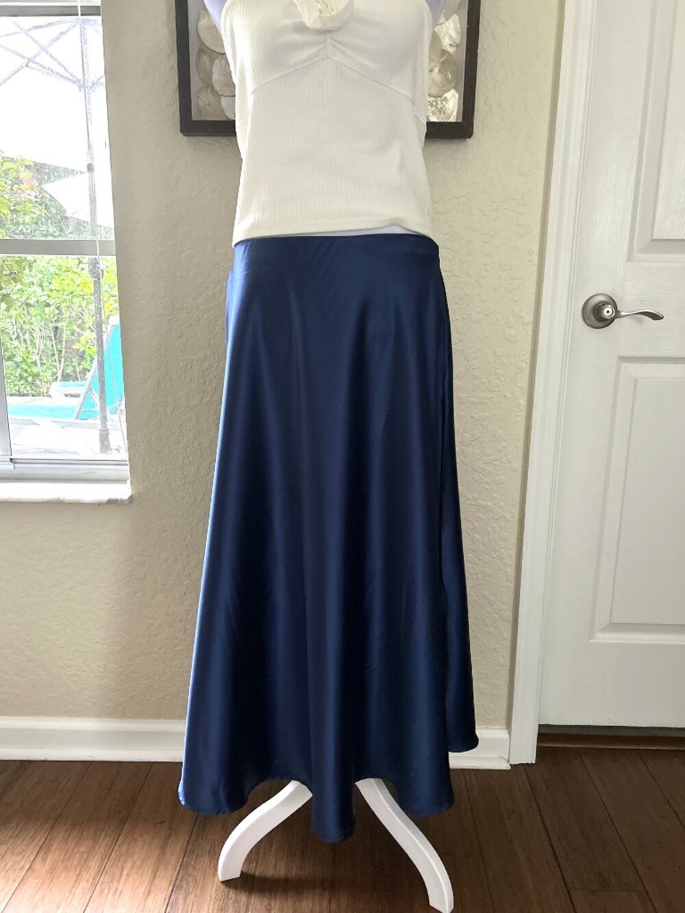 NWOT Navy Satin Midi Skirt